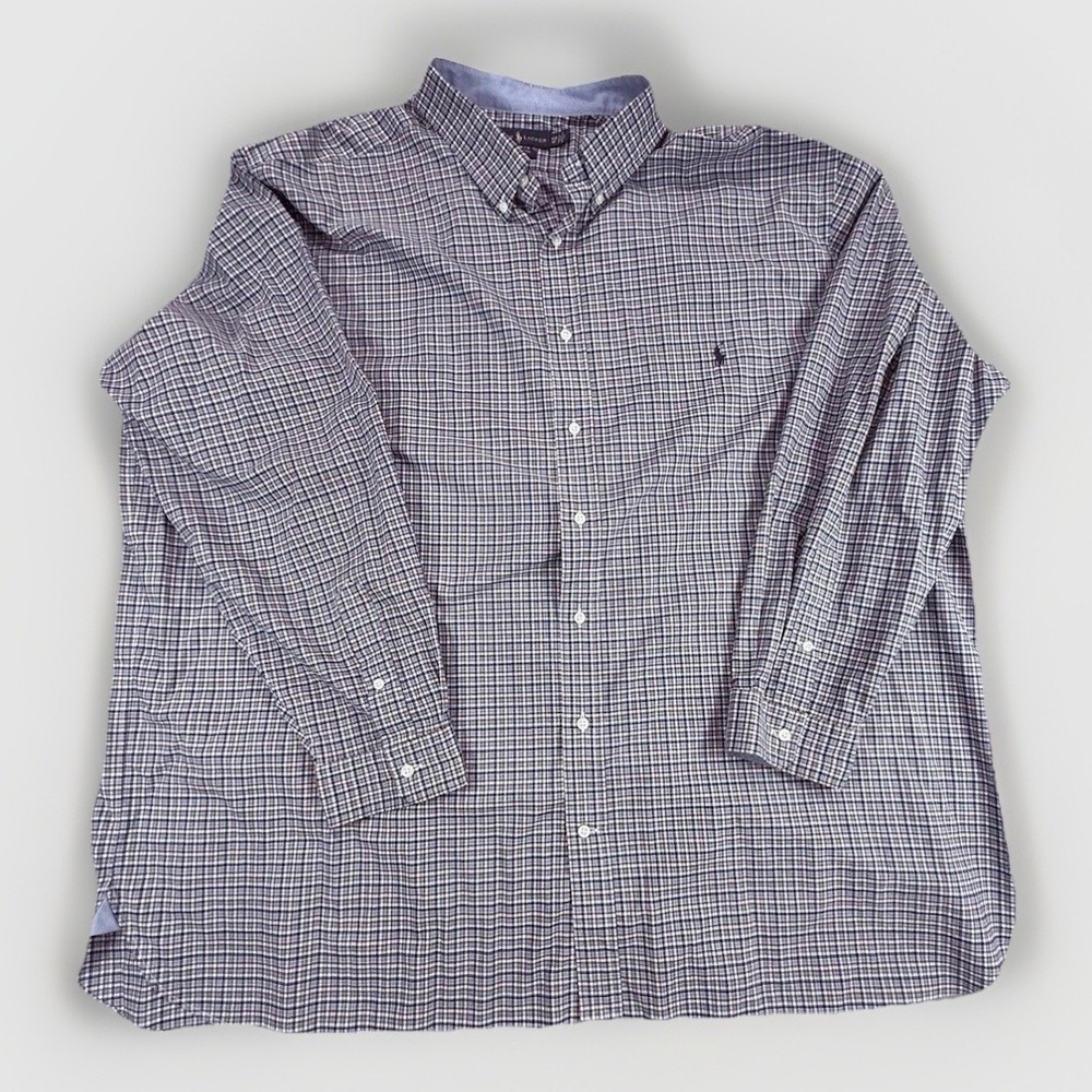 Polo Ralph Lauren Shirt Mens 4XB Big Brown Blue Check Casual Button Up Stretch
